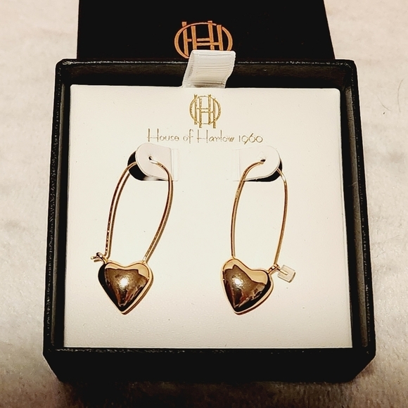 House of Harlow 1960 Gold Heart Safety Pin Earrings. - Picture 3 of 7